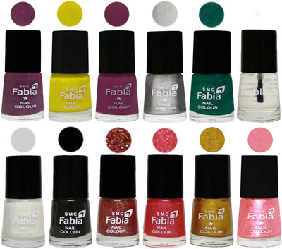 

Fabia Premium Shine & Glossy Nail Polish Collection Shades (12 Pcs Combo) Brinjal Purple-Yellow-Light purple-Silver-Green-Top Coat-White-Black-Jerry Wine-Jerry Pink-Jerry Golden-Jerry Peach(Pack of 12)