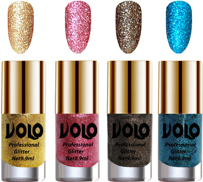 

Volo Professionally Used Glitter Shine Nail Polish Combo Pack of 4 Golden Glitter, Pink Glitter, Dark Grey Glitter, Sky Blue Glitter(Pack of 4)