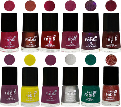 

Fabia Premium Collection 12 Piece Color Nail Polish Shades Cherry Pink-Berry-Dark Magenta-Rose Pink-Dark Purple-Royal Red-Brinjal Purple-Yellow-Light purple-Silver-Green-Jerry Wine(Pack of 12)