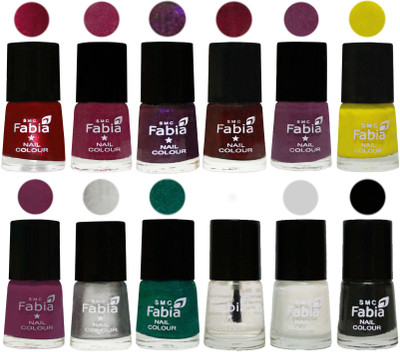 

Fabia Premium Lacquer Extra Shine Nail Polish Shades Of (12 Pcs Nail Polish) Dark Magenta-Rose Pink-Dark Purple-Royal Red-Brinjal Purple-Yellow-Light purple-Silver-Green-Top Coat-White-Black(Pack of 12)