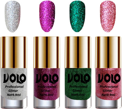 

Volo Professionally Used Glitter Shine Nail Polish Combo Pack of 4 Silver Glitter, Purple Glitter, Dark Green Glitter, Pink Glitter(Pack of 4)