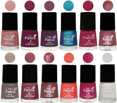 

Fabia Premium Lacquer Extra Shine Nail Polish Shades Of (12 Pcs Nail Polish) Shrimp Pastell-Cherry Blossom-Light Jam-Denim-Hot Magenta-Lip-Light Beige-Dusty Pink-Dark Red Chrome-Peach-Light Magenta-White(Pack of 12)
