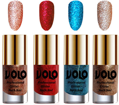 

Volo Professionally Used Glitter Shine Nail Polish Combo Pack of 4 Peach Glitter, Red Glitter, Sky Blue Glitter, Light Golden Glitter(Pack of 4)
