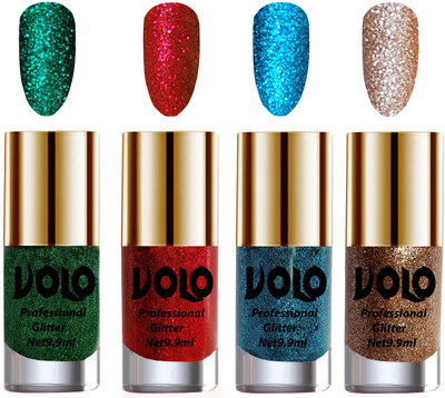 

Volo Professionally Used Glitter Shine Nail Polish Combo Pack of 4 Dark Green Glitter, Red Glitter, Sky Blue Glitter, Light Golden Glitter(Pack of 4)