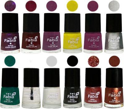 

Fabia Premium Collection 12 Piece Color Nail Polish Shades Dark Purple-Royal Red-Brinjal Purple-Yellow-Light purple-Silver-Green-Top Coat-White-Black-Jerry Wine-Light Jerry Coffee(Pack of 12)