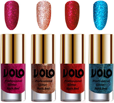 

Volo Professionally Used Glitter Shine Nail Polish Combo Pack of 4 Magenta Glitter, Peach Glitter, Red Glitter, Sky Blue Glitter(Pack of 4)