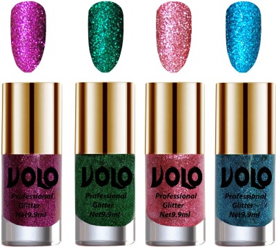 Volo Professionally Used Glitter Shine Nail Polish Combo Pack of 4 Combo-No-290 Dark Green Glitter, Pink Glitter, Purple Glitter, Sky Blue Glitter(Pack of 4)