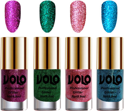 

Volo Professionally Used Glitter Shine Nail Polish Combo Pack of 4 Purple Glitter, Dark Green Glitter, Pink Glitter, Sky Blue Glitter(Pack of 4)