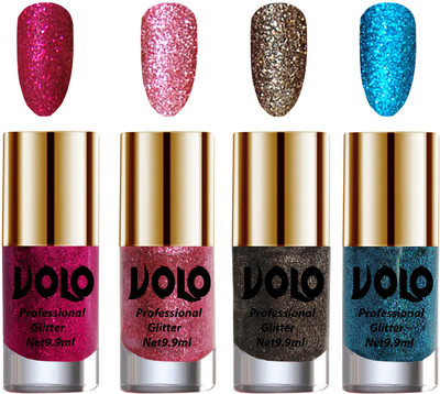 

Volo Professionally Used Glitter Shine Nail Polish Combo Pack of 4 Magenta Glitter, Pink Glitter, Dark Grey Glitter, Sky Blue Glitter(Pack of 4)