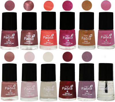 Fabia Premium Collection 12 Piece Color Nail Polish Shades Dusty Pink-Dark Red Chrome-Peach-Light Magenta-Golden -Light Plum-Nude-Lychee-Light Cream-Maroon-Light Violet-Top Coat(Pack of 12)