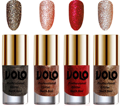 

Volo Professionally Used Glitter Shine Nail Polish Combo Pack of 4 Dark Grey Glitter, Peach Glitter, Red Glitter, Light Golden Glitter(Pack of 4)
