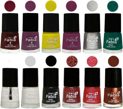 

Fabia Premium Shine & Glossy Nail Polish Collection Shades (12 Pcs Combo) Royal Red-Brinjal Purple-Yellow-Light purple-Silver-Green-Top Coat-White-Black-Jerry Wine-Jerry Pink-Light Jerry Coffee(Pack of 12)