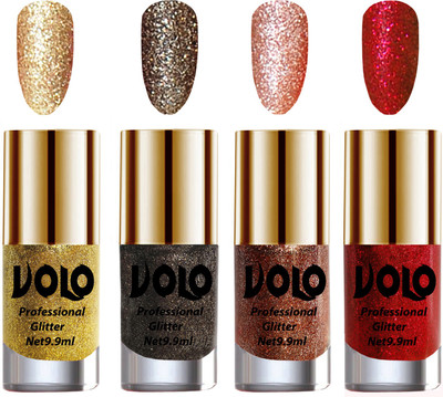 

Volo Professionally Used Glitter Shine Nail Polish Combo Pack of 4 Golden Glitter, Dark Grey Glitter, Peach Glitter, Red Glitter(Pack of 4)