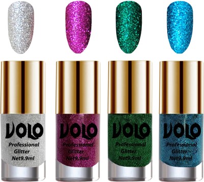 Volo Professionally Used Glitter Shine Nail Polish Combo Pack of 4 Combo-No-198 Dark Green Glitter, Silver Glitter, Purple Glitter, Sky Blue Glitter(Pack of 4)