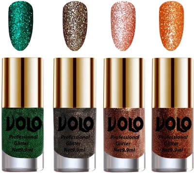 

Volo Professionally Used Glitter Shine Nail Polish Combo Pack of 4 Dark Green Glitter, Dark Grey Glitter, Peach Glitter, Light Orange Glitter(Pack of 4)