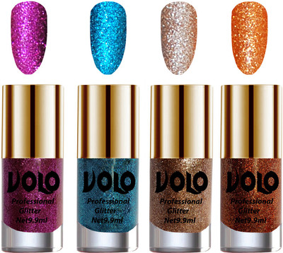 

Volo Professionally Used Glitter Shine Nail Polish Combo Pack of 4 Purple Glitter, Sky Blue Glitter, Light Golden Glitter, Light Orange Glitter(Pack of 4)