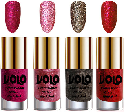 

Volo Professionally Used Glitter Shine Nail Polish Combo Pack of 4 Magenta Glitter, Pink Glitter, Dark Grey Glitter, Red Glitter(Pack of 4)