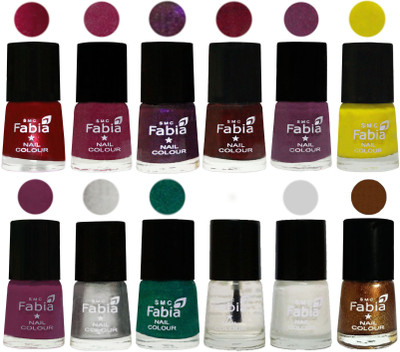 

Fabia Premium Collection 12 Piece Color Nail Polish Shades Dark Magenta-Rose Pink-Dark Purple-Royal Red-Brinjal Purple-Yellow-Light purple-Silver-Green-Top Coat-White-Dark Golden(Pack of 12)