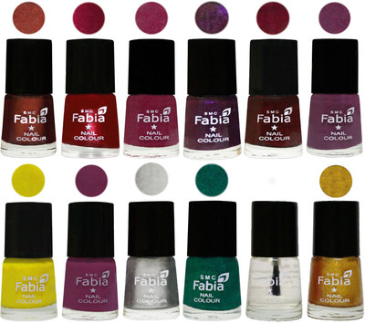 

Fabia Premium Shine & Glossy Nail Polish Collection Shades (12 Pcs Combo) Berry-Dark Magenta-Rose Pink-Dark Purple-Royal Red-Brinjal Purple-Yellow-Light purple-Silver-Green-Top Coat-Jerry Golden(Pack of 12)