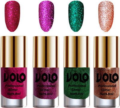 

Volo Professionally Used Glitter Shine Nail Polish Combo Pack of 4 Magenta Glitter, Purple Glitter, Dark Green Glitter, Peach Glitter(Pack of 4)