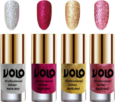 

Volo Professionally Used Glitter Shine Nail Polish Combo Pack of 4 Silver Glitter, Magenta Glitter, Golden Glitter, Pink Glitter(Pack of 4)
