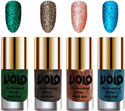

Volo Professionally Used Glitter Shine Nail Polish Combo Pack of 4 Dark Green Glitter, Dark Grey Glitter, Peach Glitter, Sky Blue Glitter(Pack of 4)