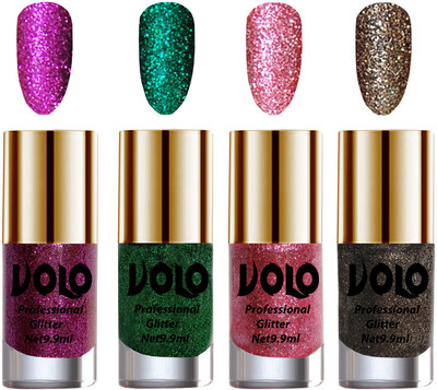 

Volo Professionally Used Glitter Shine Nail Polish Combo Pack of 4 Purple Glitter, Dark Green Glitter, Pink Glitter, Dark Grey Glitter(Pack of 4)