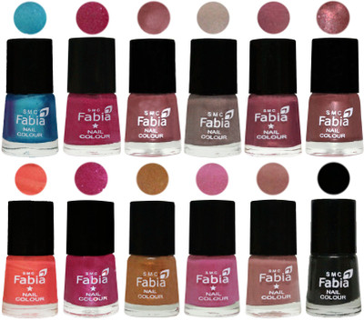 

Fabia Premium Shine & Glossy Nail Polish Collection Shades (12 Pcs Combo) Denim-Hot Magenta-Lip-Light Beige-Dusty Pink-Dark Red Chrome-Peach-Light Magenta-Golden -Light Plum-Nude-Black(Pack of 12)