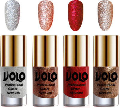 

Volo Professionally Used Glitter Shine Nail Polish Combo Pack of 4 Silver Glitter, Peach Glitter, Red Glitter, Light Golden Glitter(Pack of 4)
