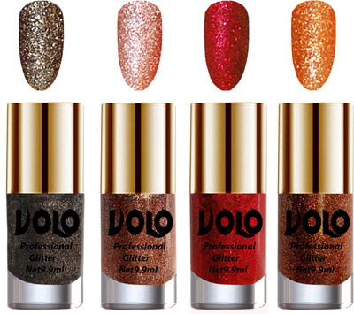 

Volo Professionally Used Glitter Shine Nail Polish Combo Pack of 4 Dark Grey Glitter, Peach Glitter, Red Glitter, Light Orange Glitter(Pack of 4)