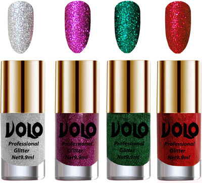 

Volo Professionally Used Glitter Shine Nail Polish Combo Pack of 4 Silver Glitter, Purple Glitter, Dark Green Glitter, Red Glitter(Pack of 4)