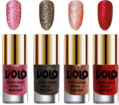

Volo Professionally Used Glitter Shine Nail Polish Combo Pack of 4 Pink Glitter, Dark Grey Glitter, Peach Glitter, Red Glitter(Pack of 4)