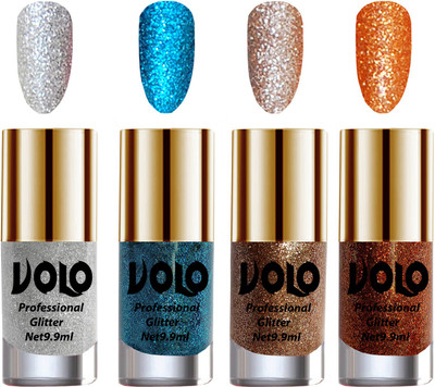 

Volo Professionally Used Glitter Shine Nail Polish Combo Pack of 4 Silver Glitter, Sky Blue Glitter, Light Golden Glitter, Light Orange Glitter(Pack of 4)