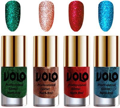 

Volo Professionally Used Glitter Shine Nail Polish Combo Pack of 4 Dark Green Glitter, Peach Glitter, Red Glitter, Sky Blue Glitter(Pack of 4)