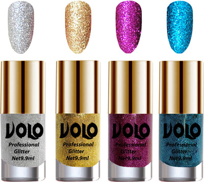 

Volo Professionally Used Glitter Shine Nail Polish Combo Pack of 4 Silver Glitter, Golden Glitter, Purple Glitter, Sky Blue Glitter(Pack of 4)
