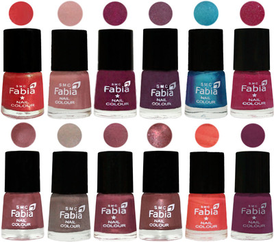 

Fabia Premium Shine & Glossy Nail Polish Collection Shades (12 Pcs Combo) Red Orange-Shrimp Pastell-Cherry Blossom-Light Jam-Denim-Hot Magenta-Lip-Light Beige-Dusty Pink-Dark Red Chrome-Peach-Light purple(Pack of 12)