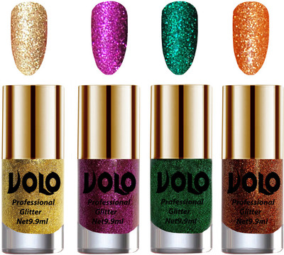 

Volo Professionally Used Glitter Shine Nail Polish Combo Pack of 4 Golden Glitter, Purple Glitter, Dark Green Glitter, Light Orange Glitter(Pack of 4)