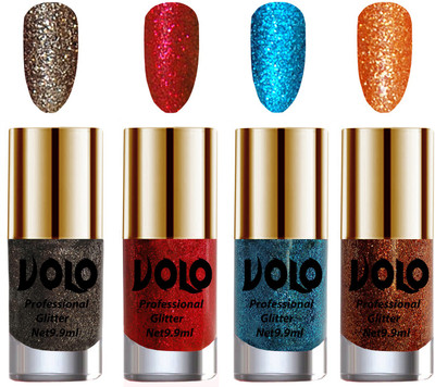 

Volo Professionally Used Glitter Shine Nail Polish Combo Pack of 4 Dark Grey Glitter, Red Glitter, Sky Blue Glitter, Light Orange Glitter(Pack of 4)