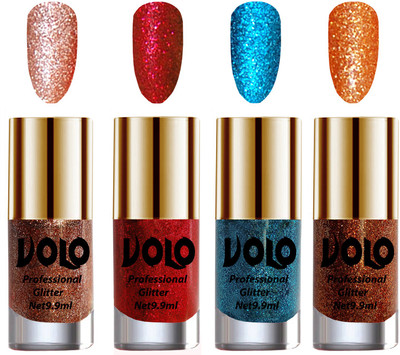 Volo Professionally Used Glitter Shine Nail Polish Combo Pack of 4 Peach Glitter, Red Glitter, Sky Blue Glitter, Light Orange Glitter(Pack of 4)
