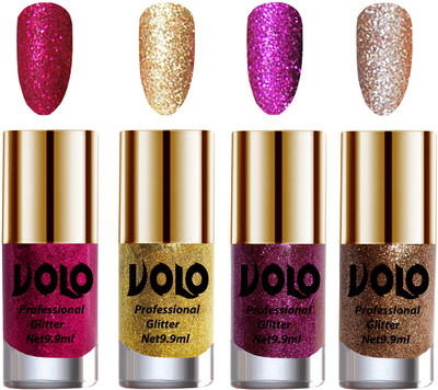 

Volo Professionally Used Glitter Shine Nail Polish Combo Pack of 4 Magenta Glitter, Golden Glitter, Purple Glitter, Light Golden Glitter(Pack of 4)