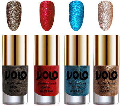 

Volo Professionally Used Glitter Shine Nail Polish Combo Pack of 4 Dark Grey Glitter, Red Glitter, Sky Blue Glitter, Light Golden Glitter(Pack of 4)