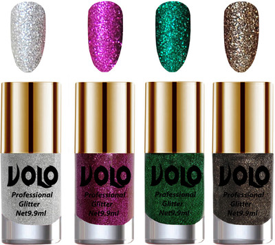 

Volo Professionally Used Glitter Shine Nail Polish Combo Pack of 4 Silver Glitter, Purple Glitter, Dark Green Glitter, Dark Grey Glitter(Pack of 4)