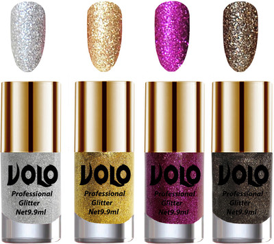 

Volo Professionally Used Glitter Shine Nail Polish Combo Pack of 4 Silver Glitter, Golden Glitter, Purple Glitter, Dark Grey Glitter(Pack of 4)