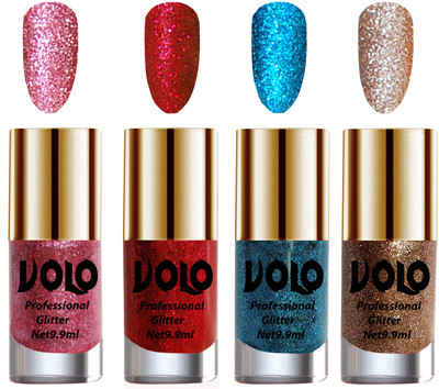 

Volo Professionally Used Glitter Shine Nail Polish Combo Pack of 4 Pink Glitter, Red Glitter, Sky Blue Glitter, Light Golden Glitter(Pack of 4)