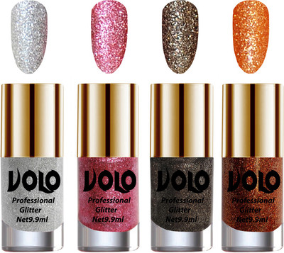 

Volo Professionally Used Glitter Shine Nail Polish Combo Pack of 4 Silver Glitter, Pink Glitter, Dark Grey Glitter, Light Orange Glitter(Pack of 4)