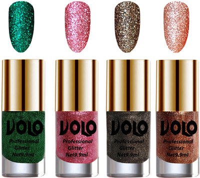 

Volo Professionally Used Glitter Shine Nail Polish Combo Pack of 4 Dark Green Glitter, Pink Glitter, Dark Grey Glitter, Peach Glitter(Pack of 4)