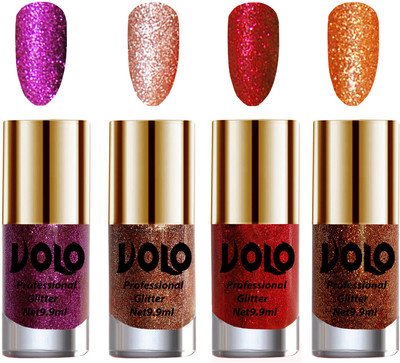 

Volo Professionally Used Glitter Shine Nail Polish Combo Pack of 4 Purple Glitter, Peach Glitter, Red Glitter, Light Orange Glitter(Pack of 4)