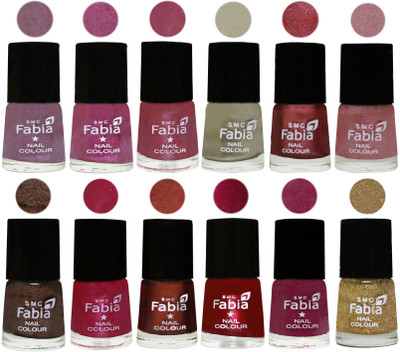 

Fabia Premium Shine & Glossy Nail Polish Collection Shades (12 Pcs Combo) Light Violet-Rani-Pink Maroonish-Oyster-Nude Pink-Light pink-Dark Brown-Cherry Pink-Berry-Dark Magenta-Rose Pink-Light Golden(Pack of 12)