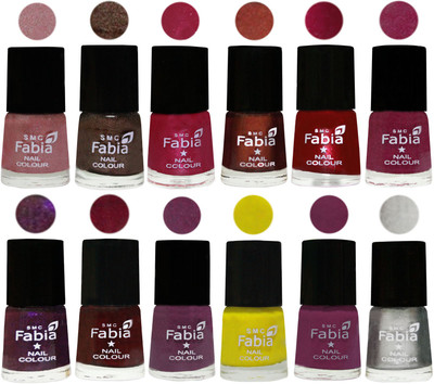 

Fabia Premium Lacquer Extra Shine Nail Polish Shades Of (12 Pcs Nail Polish) Light pink-Dark Brown-Cherry Pink-Berry-Dark Magenta-Rose Pink-Dark Purple-Royal Red-Brinjal Purple-Yellow-Light purple-Silver(Pack of 12)