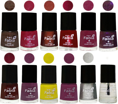 

Fabia Premium Shine & Glossy Nail Polish Collection Shades (12 Pcs Combo) Dark Brown-Cherry Pink-Berry-Dark Magenta-Rose Pink-Dark Purple-Royal Red-Brinjal Purple-Yellow-Light purple-Silver-Top Coat(Pack of 12)